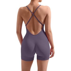 imageMOOSLOVER Women Strappy Backless Jumpsuits Tummy Control Bodycon Yoga Romper One Piece Workout Jumpsuit Shorts1 Purple