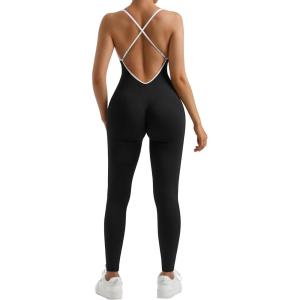 imageMOOSLOVER Women Strappy Backless One Piece Jumpsuits Tummy Control Padded Workout Rompers1 Black White