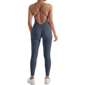 imageMOOSLOVER Women Strappy Backless One Piece Jumpsuits Tummy Control Padded Workout Rompers1 Blue