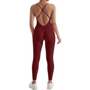 imageMOOSLOVER Women Strappy Backless One Piece Jumpsuits Tummy Control Padded Workout Rompers1 Burgundy