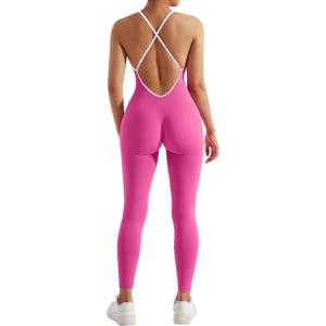 imageMOOSLOVER Women Strappy Backless One Piece Jumpsuits Tummy Control Padded Workout Rompers1 Pink White