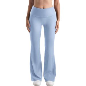 imageMOOSLOVER Women Flare Leggings Fold Over Bootcut Yoga Pants Casual Y2K Lounge Pants Comfy Cotton LeggingsBaby Blue