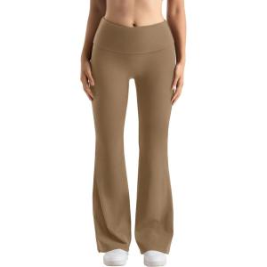 imageMOOSLOVER Women Flare Leggings Fold Over Bootcut Yoga Pants Casual Y2K Lounge Pants Comfy Cotton LeggingsCamel