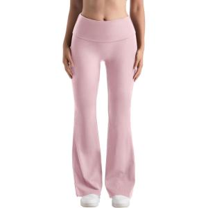 imageMOOSLOVER Women Flare Leggings Fold Over Bootcut Yoga Pants Casual Y2K Lounge Pants Comfy Cotton LeggingsLight Pink