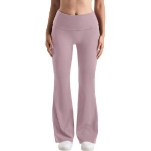 imageMOOSLOVER Women Flare Leggings Fold Over Bootcut Yoga Pants Casual Y2K Lounge Pants Comfy Cotton LeggingsLotus Pink