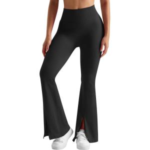 imageMOOSLOVER Women Seamed Detail Flare Leggings Elastic High Waisted Bell Bottom Bootcut Yoga Casual Pants3 Ribbed Black