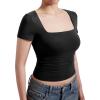 imageMOOSLOVER Women Square V Neck Basic Tops Short Sleeve Fitted T Shirts Double Lined Going Out Crop TopsBlack
