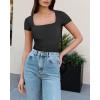 imageMOOSLOVER Women Square V Neck Basic Tops Short Sleeve Fitted T Shirts Double Lined Going Out Crop TopsBlack