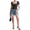 imageMOOSLOVER Women Square V Neck Basic Tops Short Sleeve Fitted T Shirts Double Lined Going Out Crop TopsBlack