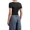 imageMOOSLOVER Women Square V Neck Basic Tops Short Sleeve Fitted T Shirts Double Lined Going Out Crop TopsBlack