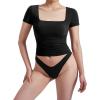 imageMOOSLOVER Women Square V Neck Basic Tops Short Sleeve Fitted T Shirts Double Lined Going Out Crop TopsBlack