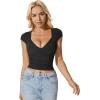 imageMOOSLOVER Women Square V Neck Basic Tops Short Sleeve Fitted T Shirts Double Lined Going Out Crop TopsBlack