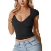 imageMOOSLOVER Women Square V Neck Basic Tops Short Sleeve Fitted T Shirts Double Lined Going Out Crop TopsBlack