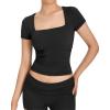 imageMOOSLOVER Women Square V Neck Basic Tops Short Sleeve Fitted T Shirts Double Lined Going Out Crop TopsBlack