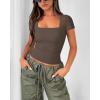 imageMOOSLOVER Women Square V Neck Basic Tops Short Sleeve Fitted T Shirts Double Lined Going Out Crop TopsCoffee