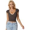 imageMOOSLOVER Women Square V Neck Basic Tops Short Sleeve Fitted T Shirts Double Lined Going Out Crop TopsCoffee
