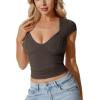 imageMOOSLOVER Women Square V Neck Basic Tops Short Sleeve Fitted T Shirts Double Lined Going Out Crop TopsCoffee