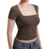 imageMOOSLOVER Women Square V Neck Basic Tops Short Sleeve Fitted T Shirts Double Lined Going Out Crop TopsCoffee