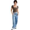 imageMOOSLOVER Women Square V Neck Basic Tops Short Sleeve Fitted T Shirts Double Lined Going Out Crop TopsCoffee