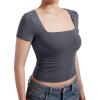 imageMOOSLOVER Women Square V Neck Basic Tops Short Sleeve Fitted T Shirts Double Lined Going Out Crop TopsGrey