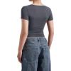 imageMOOSLOVER Women Square V Neck Basic Tops Short Sleeve Fitted T Shirts Double Lined Going Out Crop TopsGrey