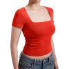 imageMOOSLOVER Women Square V Neck Basic Tops Short Sleeve Fitted T Shirts Double Lined Going Out Crop TopsRed