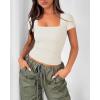 imageMOOSLOVER Women Square V Neck Basic Tops Short Sleeve Fitted T Shirts Double Lined Going Out Crop TopsWhite