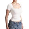 imageMOOSLOVER Women Square V Neck Basic Tops Short Sleeve Fitted T Shirts Double Lined Going Out Crop TopsWhite