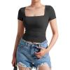 imageMOOSLOVER Women Square V Neck Basic Tops Short Sleeve Fitted T Shirts Double Lined Going Out Crop TopsBlack