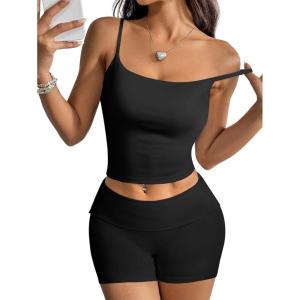 imageMOOSLOVER Women 2 Piece Lounge Matching Sets Padded Workout Set Cami Tank Top Fold Over Shorts Summer OutfitsBlack
