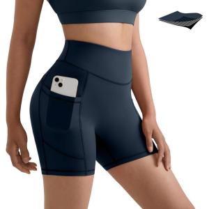 imageMOOSLOVER Women Biker Shorts with Pockets High Waisted Workout Tummy Control Gym Running Athletic Yoga ShortsDeep Navy Blue