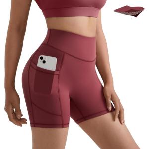 imageMOOSLOVER Women Biker Shorts with Pockets High Waisted Workout Tummy Control Gym Running Athletic Yoga ShortsFired Brick