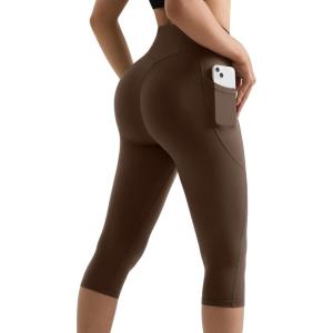 imageMOOSLOVER Women Buttery Soft Capris Leggings with Pockets High Waisted Scrunch Butt Tummy Control Workout Yoga PantsDark Brown