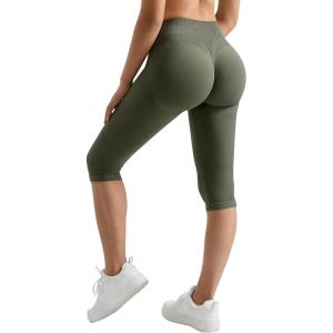 imageMOOSLOVER Women Hidden Scrunch Butt Lifting Capri Leggings High Waisted Seamless Compression Tummy Control Yoga PantsArmy Green