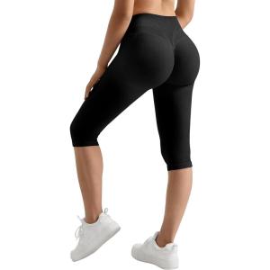 imageMOOSLOVER Women Hidden Scrunch Butt Lifting Capri Leggings High Waisted Seamless Compression Tummy Control Yoga PantsBlack