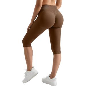 imageMOOSLOVER Women Hidden Scrunch Butt Lifting Capri Leggings High Waisted Seamless Compression Tummy Control Yoga PantsBrown