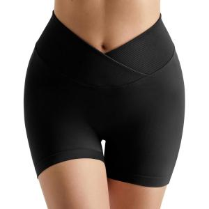 imageMOOSLOVER Women Hidden Scrunch Butt Workout Shorts Seamless V Cross Biker Booty Lifting Shorts Gym Yoga ShortsBlack