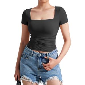 imageMOOSLOVER Women Square V Neck Basic Tops Short Sleeve Fitted T Shirts Double Lined Going Out Crop TopsBlack