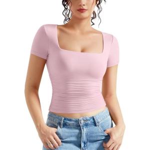imageMOOSLOVER Women Square V Neck Basic Tops Short Sleeve Fitted T Shirts Double Lined Going Out Crop TopsBlush