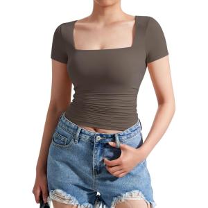 imageMOOSLOVER Women Square V Neck Basic Tops Short Sleeve Fitted T Shirts Double Lined Going Out Crop TopsCoffee