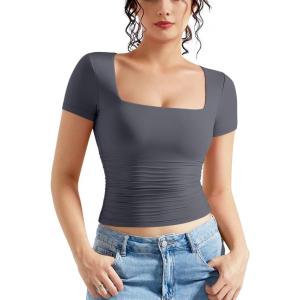 imageMOOSLOVER Women Square V Neck Basic Tops Short Sleeve Fitted T Shirts Double Lined Going Out Crop TopsGrey