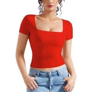 imageMOOSLOVER Women Square V Neck Basic Tops Short Sleeve Fitted T Shirts Double Lined Going Out Crop TopsRed
