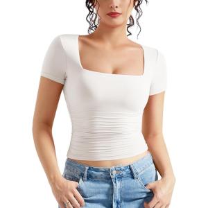 imageMOOSLOVER Women Square V Neck Basic Tops Short Sleeve Fitted T Shirts Double Lined Going Out Crop TopsWhite