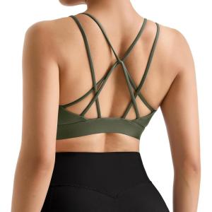 imageMOOSLOVER Women Wireless Sport Bras Padded Criss Cross Back Tank Top Sexy Strappy Backless Yoga BrasOlive Green