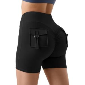 imageMOOSLOVER Women Workout Biker Shorts with Pockets High Waisted V Cross Shorts Scrunch Butt Yoga Gym Booty ShortsBlack