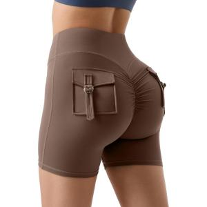 imageMOOSLOVER Women Workout Biker Shorts with Pockets High Waisted V Cross Shorts Scrunch Butt Yoga Gym Booty ShortsBrown