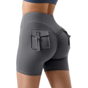 imageMOOSLOVER Women Workout Biker Shorts with Pockets High Waisted V Cross Shorts Scrunch Butt Yoga Gym Booty ShortsGrey
