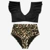 imageMOOSLOVER Women Ruffle High Waisted Bikini Sets Sexy Twist Push Up Two Piece SwimsuitLeopard Black