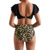 imageMOOSLOVER Women Ruffle High Waisted Bikini Sets Sexy Twist Push Up Two Piece SwimsuitLeopard Black