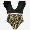 imageMOOSLOVER Women Ruffle High Waisted Bikini Sets Sexy Twist Push Up Two Piece SwimsuitLeopard Black